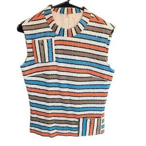 Vtg 60s Mod Striped Top Irish Linen Sleeveless Retro 14 (medium) Back Zipper